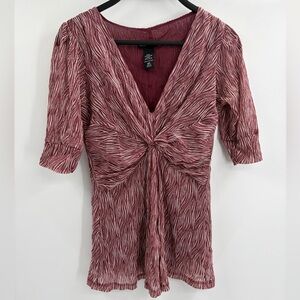 Y2K Twist Front Deep 2000s retro V Blouse Zebra Print Maroon Puff Sleeve Top xs